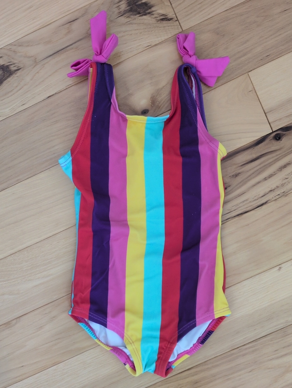 Girls Rainbow Stripe One-Piece Swimsuit with Shoulder Ties